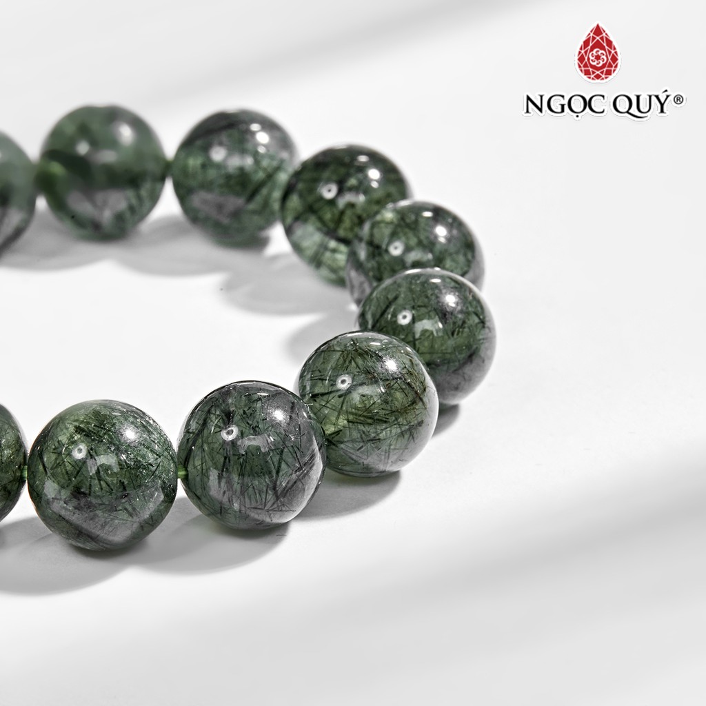 Vòng tay đá TA tóc xanh phối charm bạc 925 hạt 14mm - Ngọc Quý