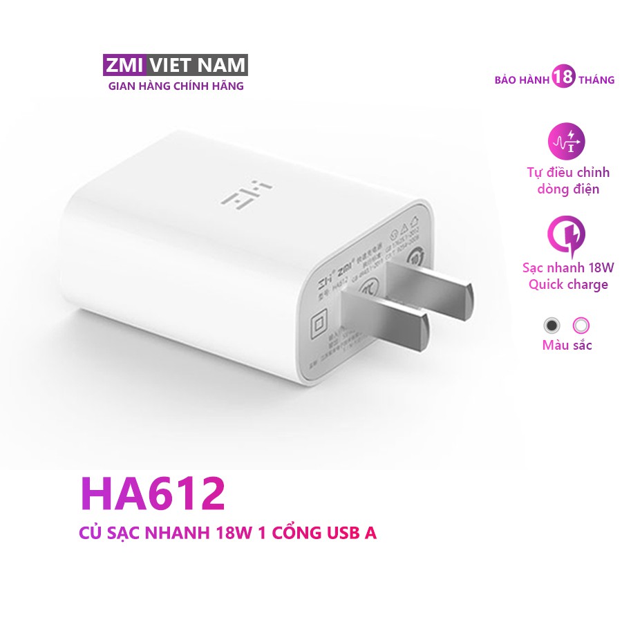 Củ Sạc Nhanh ZMI HA612 18W, 1 Cổng USB A | Bảo Hành 18 Tháng