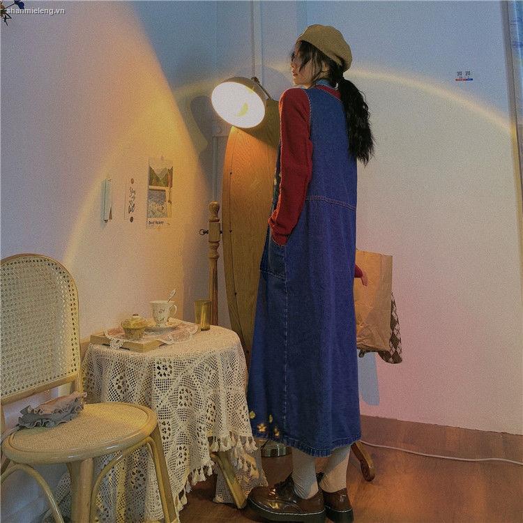 Đầm yếm denim thêu họa tiết phong cách Nhật Bản thời trang mùa thu dành cho nữ