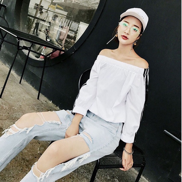 Áo trễ vai hót cực kỳ (trễ vai tay chay sọc)