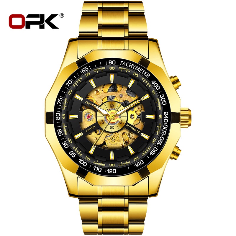 OPK 8660 Watch Men Genuine Automatic  Mechanical Waterproof Stainless Steel Strap Gold-plated Luminous Cool Unique