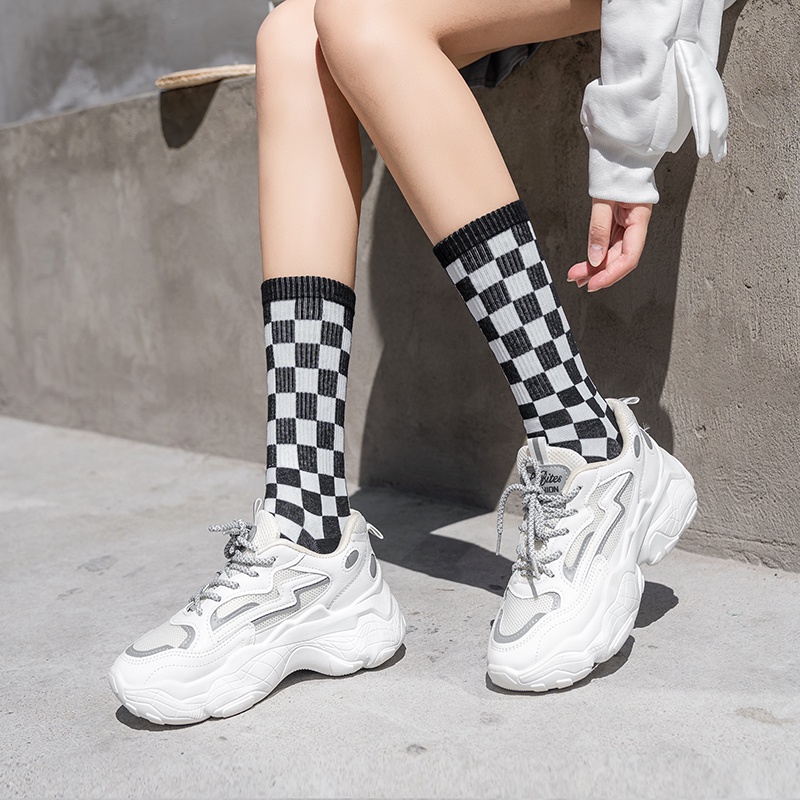 Vớ cao trung bình chất liệu cotton thoáng khí họa tiết sọc caro phong cách Harajuku thời trang thường ngày cho nữ