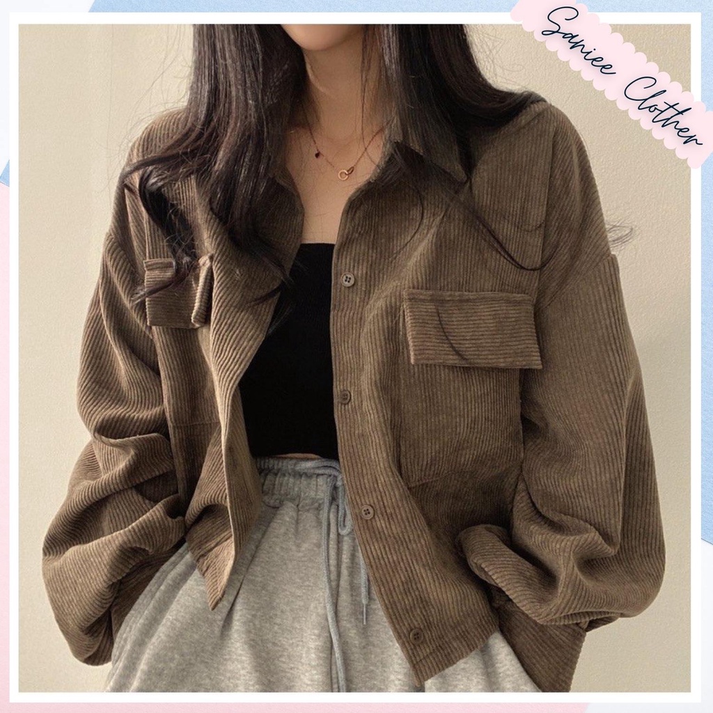 Áo sơ mi nhung nữ croptop tay phồng áo nhung dáng lỡ dài tay dáng rộng hàn quốc Saniee Clother