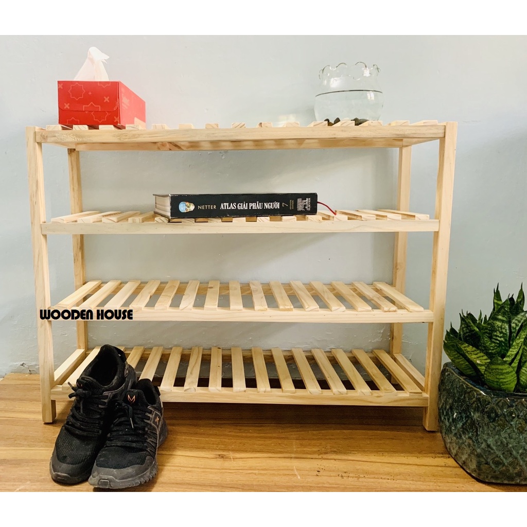 Kệ Giày Gỗ 4 Tầng WOODEN HOUSE, Size 80 Cm. Cứng cáp chịu lực 20kg