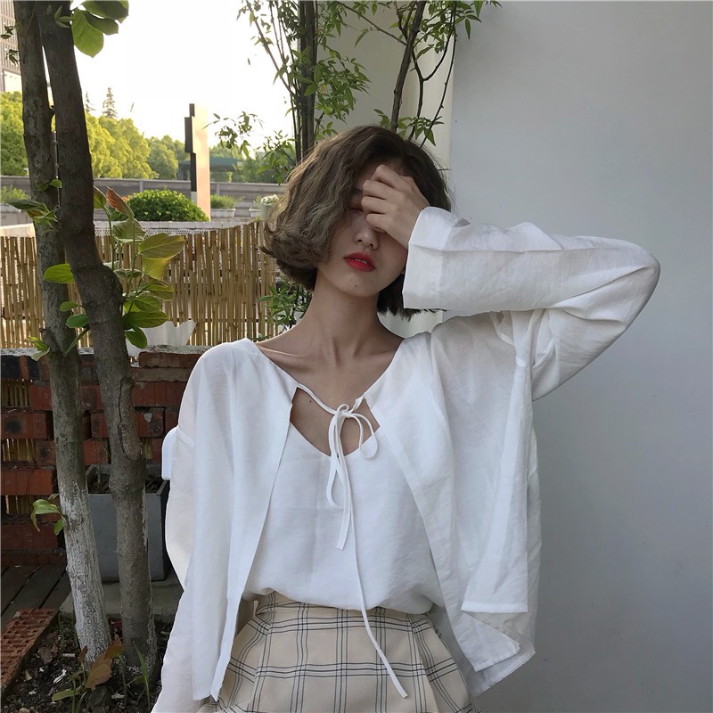 LEEVA - Set 2 áo dây phối cardigan vải đũi voan mềm giản dị A174