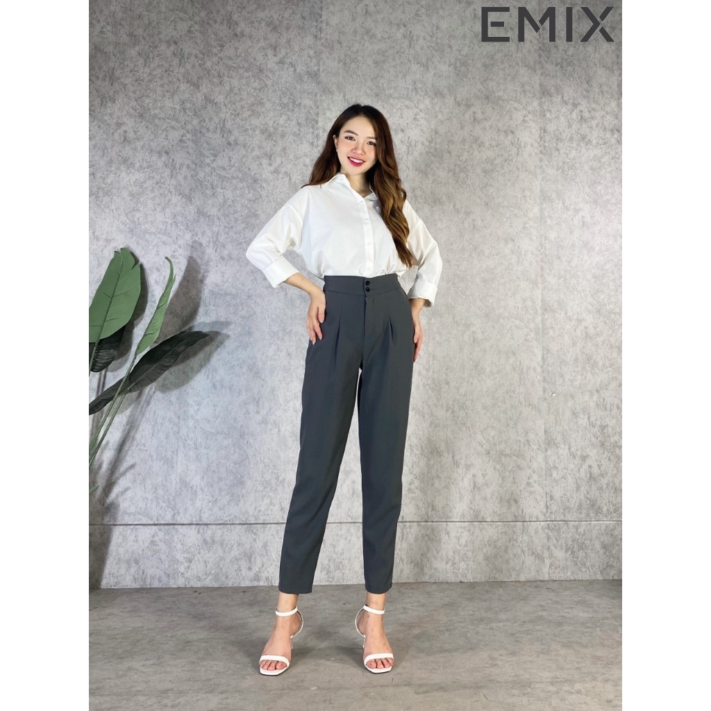 Quần tây nữ dáng baggy 2 cúc EMIX (3 màu), công sở, lưng chun, cạp to, chất tuyết mưa ít giãn, mềm mịn 066