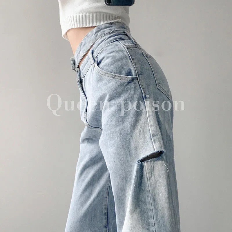 Quần Bò Nữ Simple Jeans Phối DÂY LƯNG Dáng Suông Ống Rộng Rách Gấu Phong Cách Ulzzang Cực Chất - 531