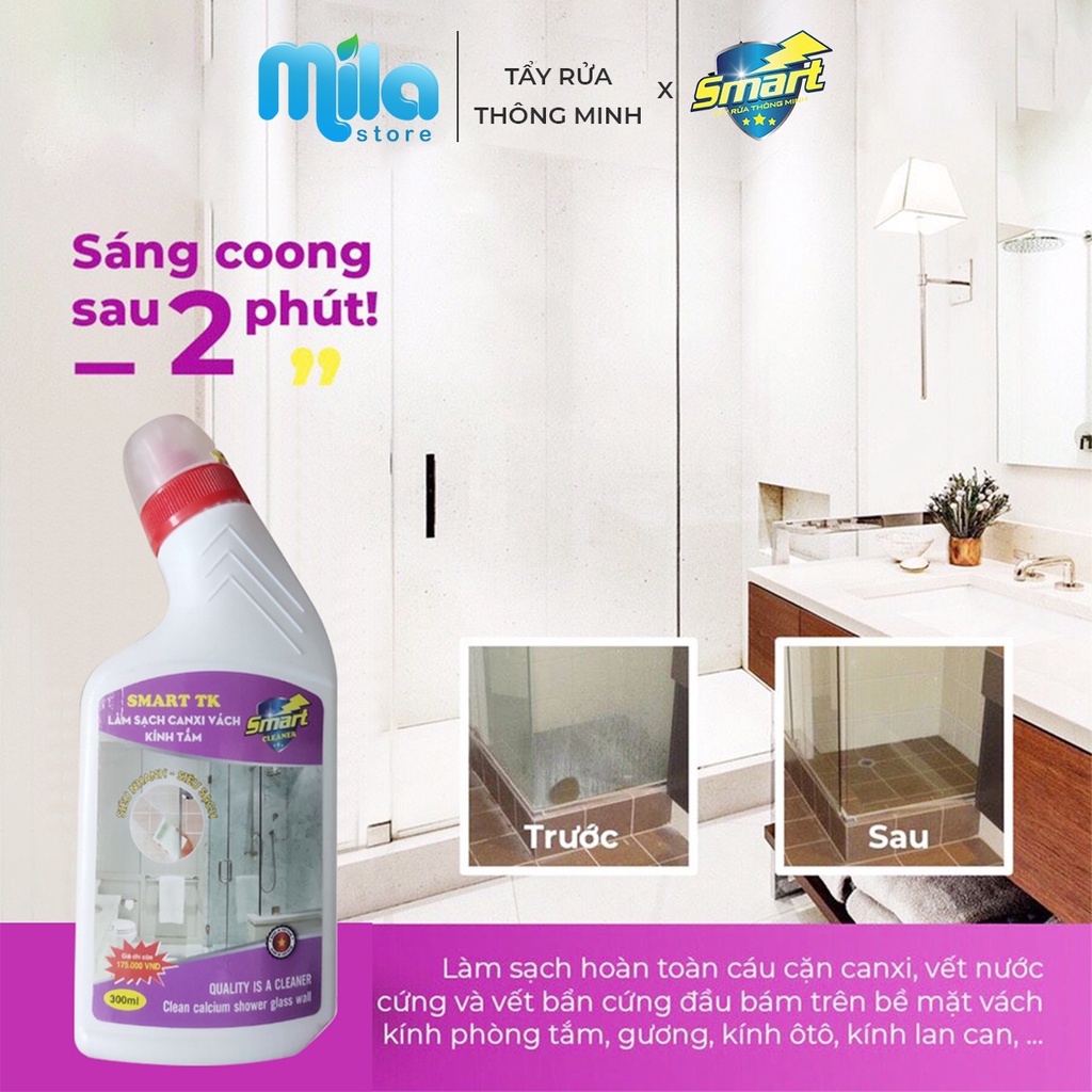 Tẩy cặn canxi vách kính SMART TK cho vách kính nhà tắm, nước tẩy rửa gương 300/500ml - Mila