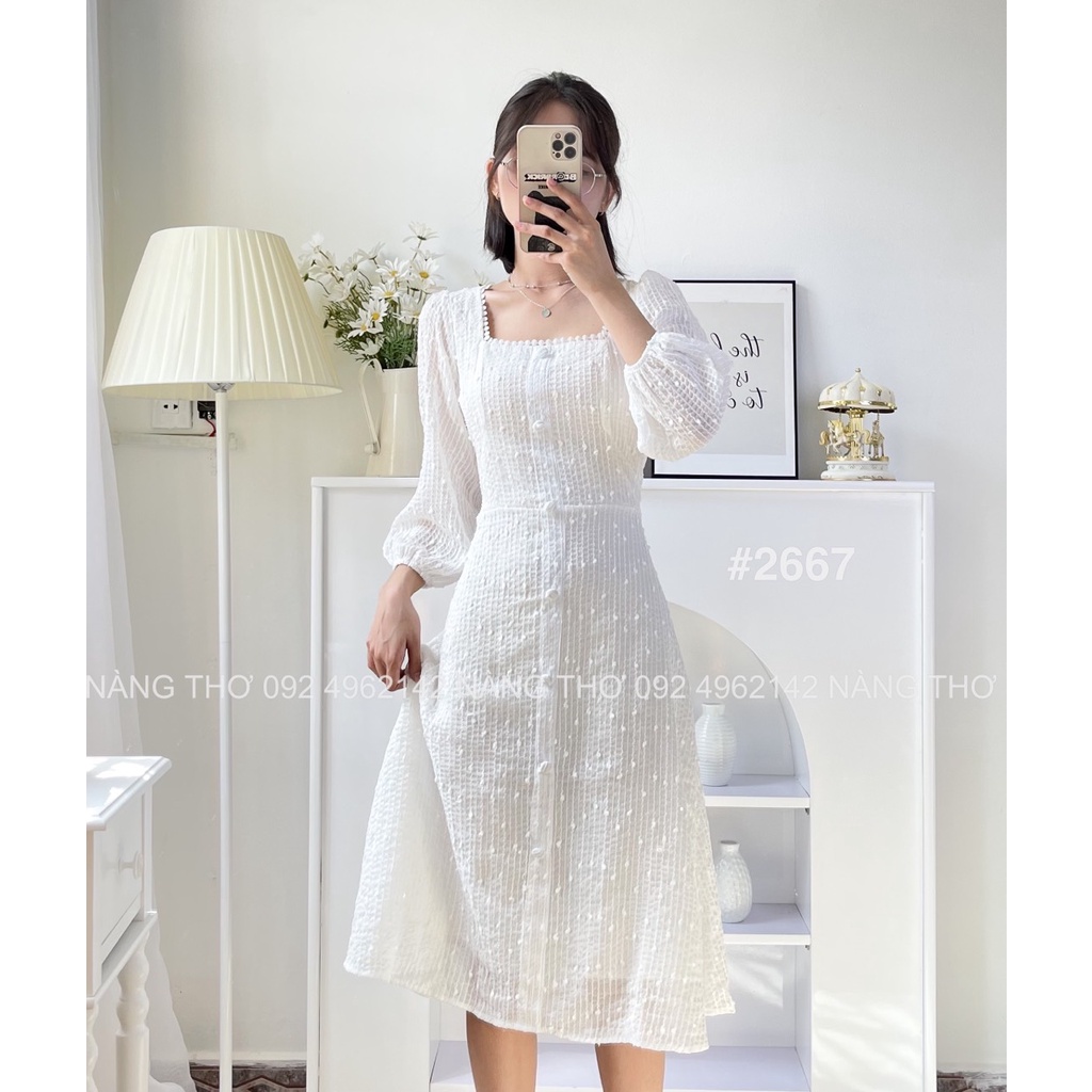 Đầm dạ cổ vuông nút bọc tay dài tiểu thư xinh xắn hot trend (ảnh thật do shop chụp) 2667