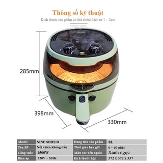 NỒI CHIÊN KHÔNG DẦU ĐIỆN CƠ NINES SHIEDL 8L/1500W MẶT KÍNH THỦY TINH CHỊU NHIỆT MỚI NHẤT 2021