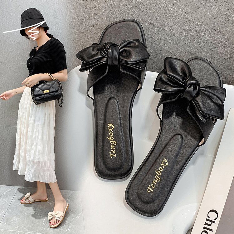 Dép IELGY đế bằng mũi vuông đính nơ thời trang Hàn Quốc mùa hè cho nữ