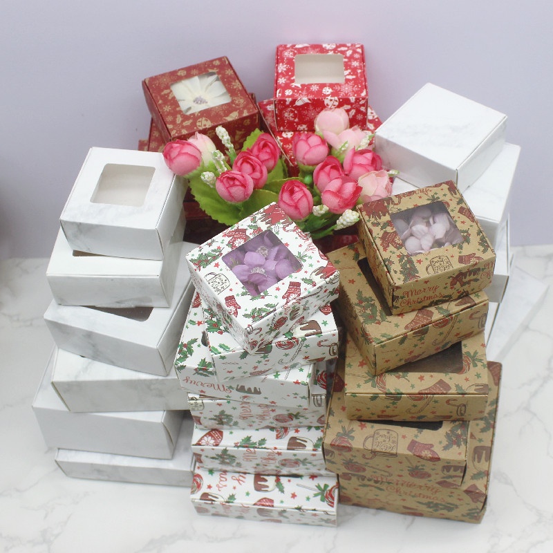 Set 10 hộp đựng kẹo in hình tuyết đỏ có cửa sổ phong cách giáng sinh