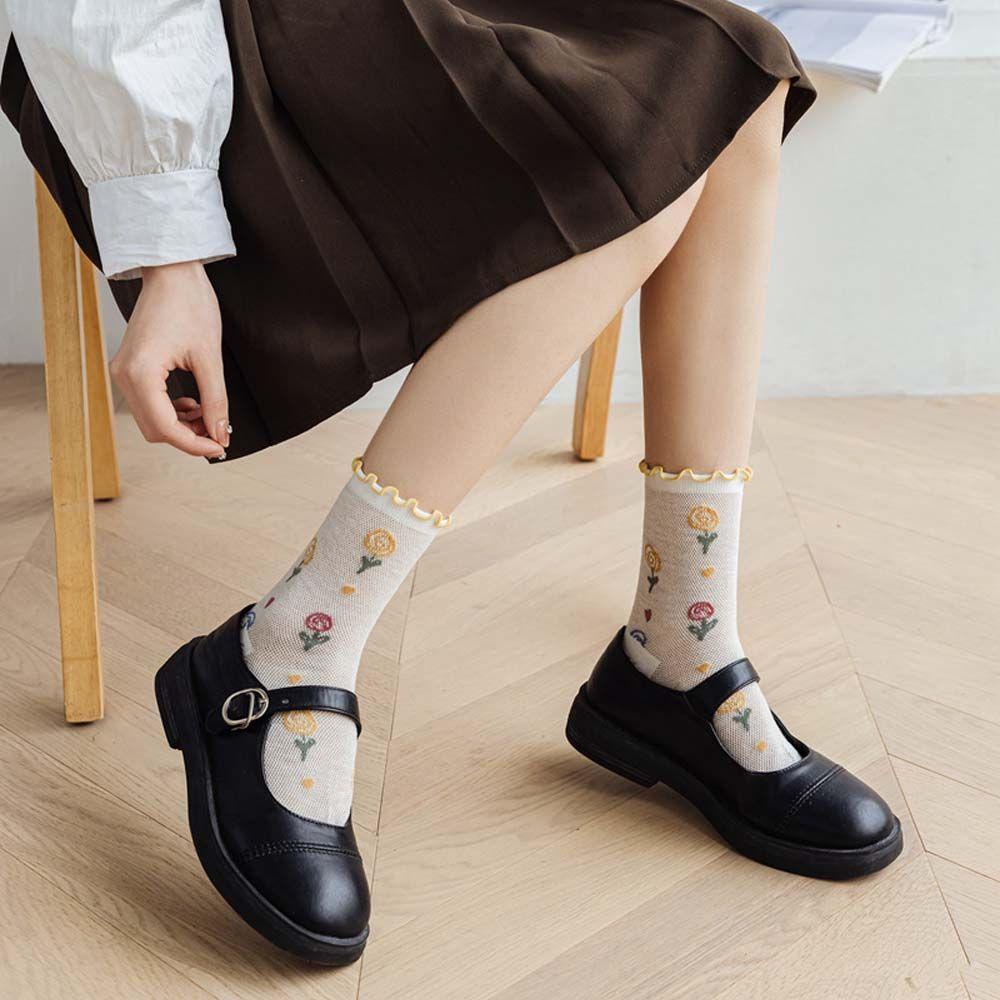 Vớ Lụa Thủy Tinh Trong Suốt Phối Ren Hoa Siêu Mỏng Thoáng Khí Phong Cách Harajuku