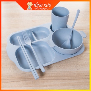 Bộ ăn dặm cho bé được làm từ bột lúa mạch gồm 5 chi tiết khay, cốc, bát, thìa, đũa, dĩa