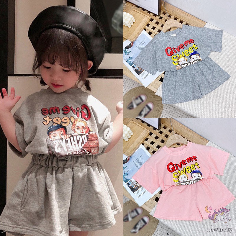 Set Áo Thun Tay Ngắn &amp; Quần Short Cotton In Hoạt Hình Phong Cách Hàn Quốc Cho Bé Gái