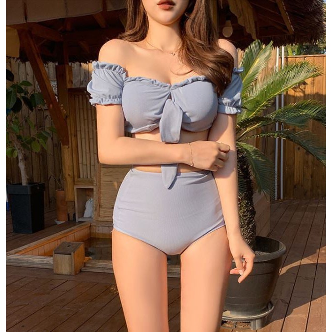 Bikini xanh pastel màu đẹp Hàn Quốc 2 mảnh, đồ bơi cột nơ ngực dễ thương tôn dáng che khuyết điểm