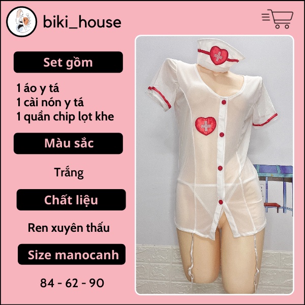 Cosplay cô y tá anime xẻ ngực sexy kèm garter nịt tất gợi cảm váy ngủ sơ mi phối garters tặng quần lọt khe quyến rũ N754