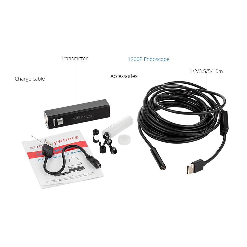 Camera nội soi HD 1200P 10/5/3.5/2/1M 8mm không dây chống nước có 8 bóng LED cho Android IOS