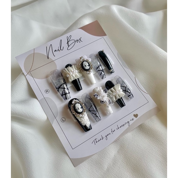 Nailbox móng úp dán thiết kế charm cô gái vintage mix nơ bèo nhún