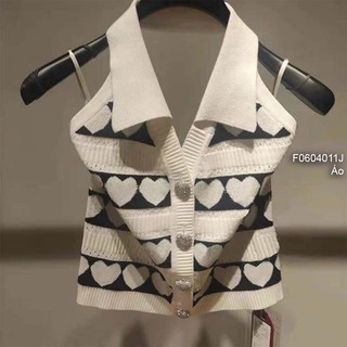 Áo yếm len croptop họa tiết trái tim cổ sơ mi hở lưng