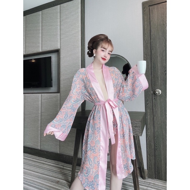 Áo Choàng Ngủ, Set Choàng Kèm Quần Vải Voan Phối Satin