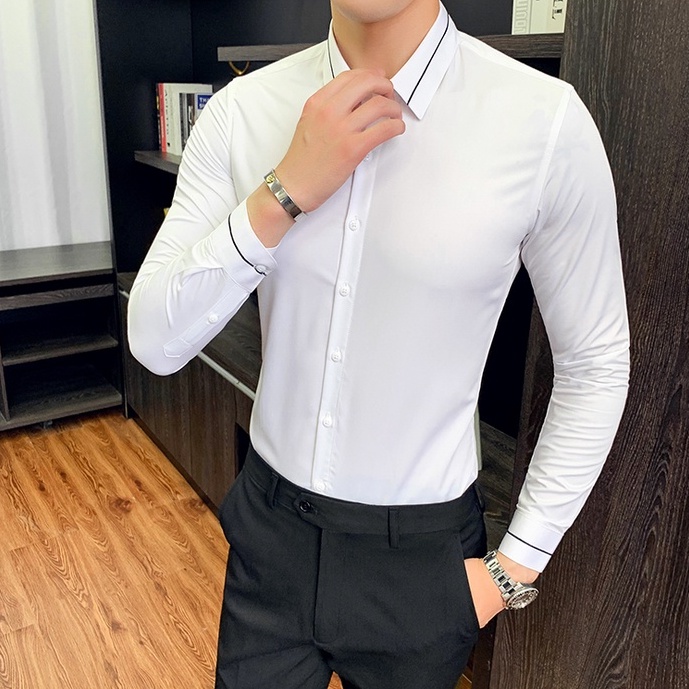 Áo sơ mi nam trắng dài tay công sở cao cấp chất lụa đẹp Hamino form slimfit ôm dáng thời trang Hàn Quốc màu trắng đen A5