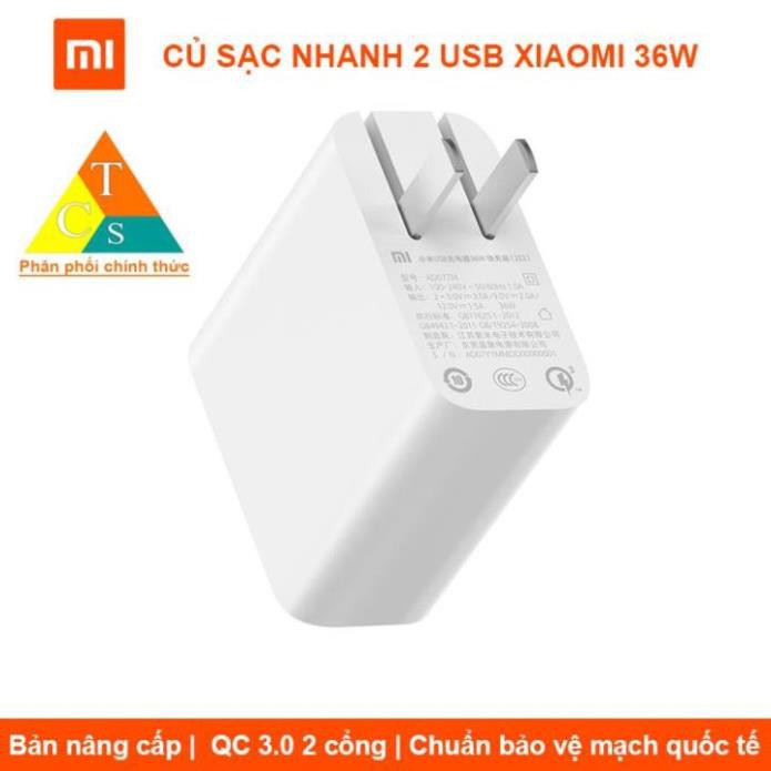 Củ Sạc Nhanh 2 cổng  USB-A 36W Xiaomi - Bảo Hành 1 Tháng