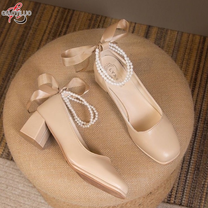 QiaoYiLuo Giày cao gót mũi vuông thiết kế mới phong cách Pháp thời trang xinh xắn cho nữ