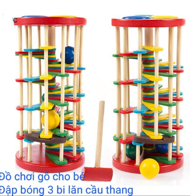 Đập bóng 3 bi chạy cầu thang gỗ an toàn cho bé