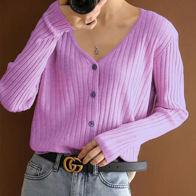 Áo sweater Dệt Kim Mỏng Cổ V Tay Dài Thời Trang Xuân Thu Cho Nữ