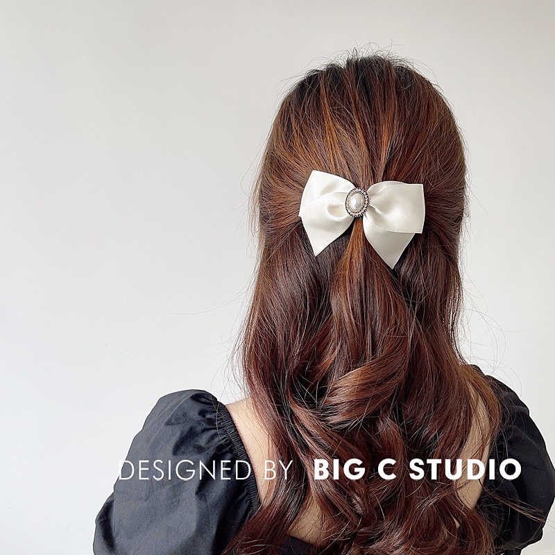 Kẹp tóc nơ nhỏ màu trắng kem đính đá thanh lịch N45