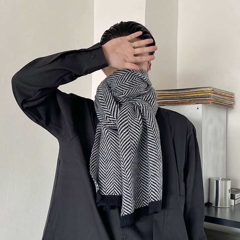 Khăn Choàng Cổ Mùa Đông Phiên Bản Hàn Quốc Dày Dặn Họa Tiết Xương Cá Đơn Giản Dễ Phối Đồ Cho Cặp Đôi ins M