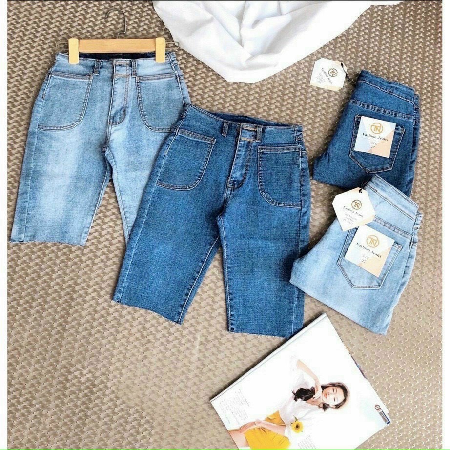 [Ảnh mộc] Quần jean ngố lửng 2 nút 2 túi trươc hàng cao cấp Quảng Châu