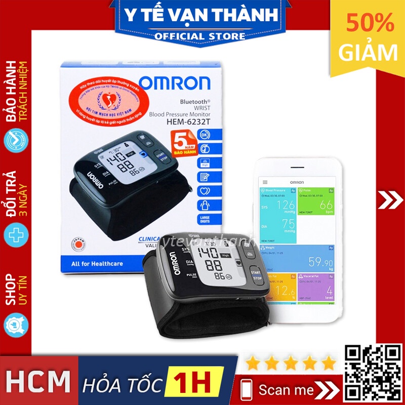 ✅ [Chính Hãng DKSH] Máy Đo Huyết Áp Cổ Tay- Omron HEM-6232T, 6232T (Kết Nối Smartphone) -VT0522
