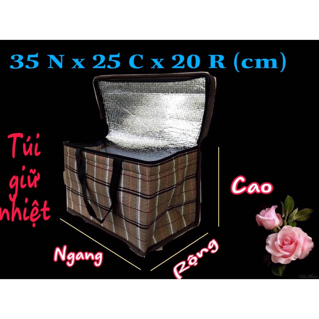 Túi giữ nhiệt lớn Ngang 35 x Cao 25 x Rộng 20 , vải bố dầy, hình hộp ngang, nặng 400gr