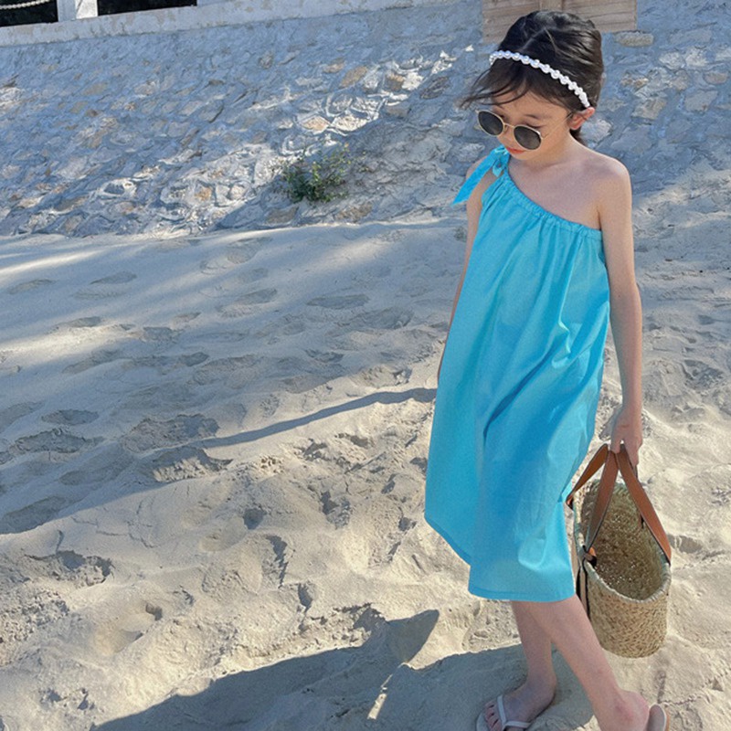 Đầm Hai Dây Trễ Vai Màu Sắc Trơn Thời Trang Mùa Hè Hàn Quốc Cho Bé Gái Se7en