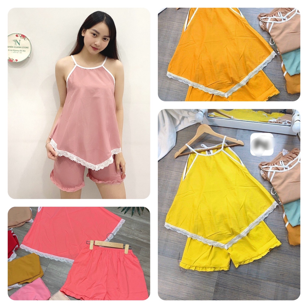 Set Bộ Ngắn Cổ Yếm Chất Vải Lụa Hàn Mềm Mịn Êm Ái Thiết Kế Xinh Xắn Freesize Dưới 58kg Nguyên Khánh Store