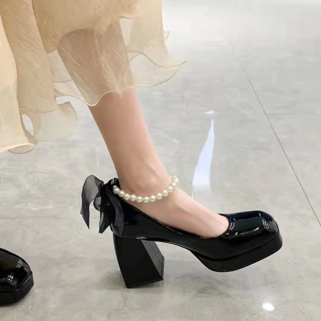 Giày Cao Gót Mũi Vuông Đế Dày Đính Nơ Chống Thấm Nước Thời Trang Xuân Hè