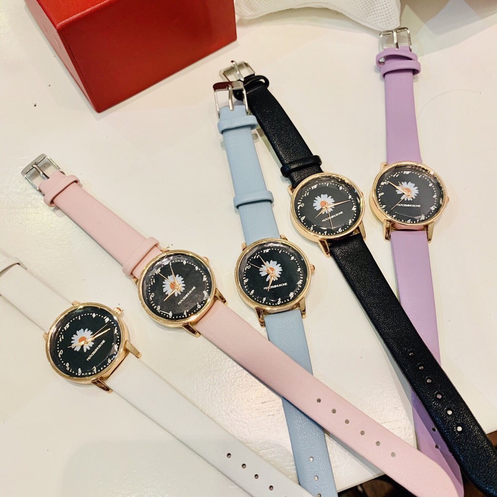 Đồng hồ thời trang nữ Candycat hoa cúc dây da mặt đen K6630