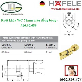 Ruột khóa wc 71mm màu đồng bóng Hafele 916.96.689