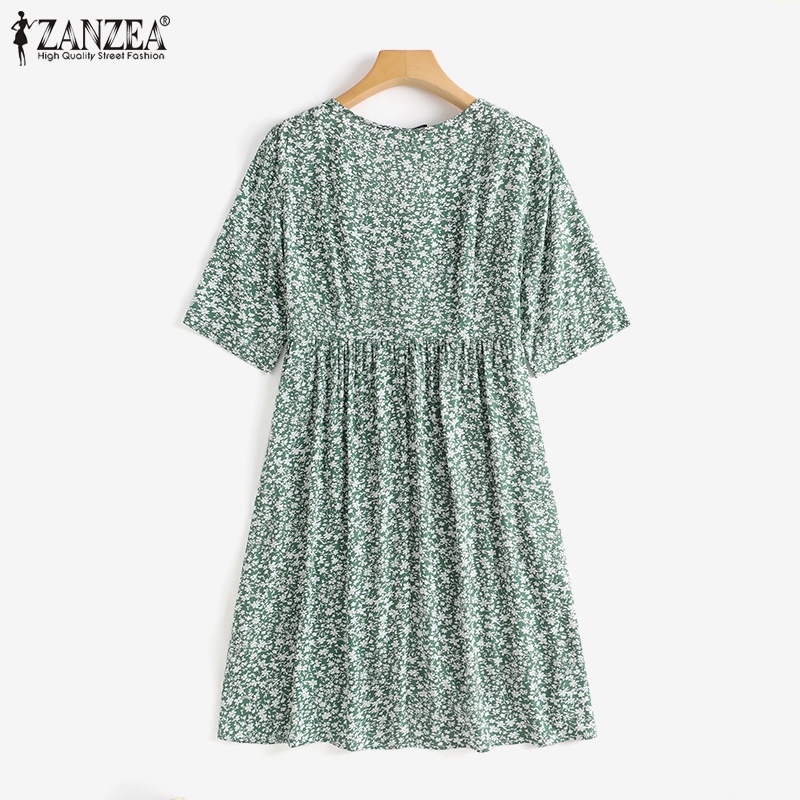 Zanzea Đầm Midi Tay Ngắn Cổ Chữ V Họa Tiết Hoa Phong Cách Châu Âu Thời Trang Cho Nữ