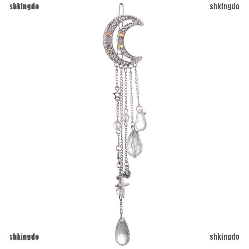 Kẹp tóc hình mặt trăng đính pha lê phối tua rua dài thời trang