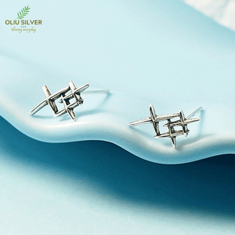 Bông Tai Bạc Thái S925 Retro Cross Star Ngôi Sao Trẻ Trung Cá Tính | Khuyên Tai Nữ Trang Sức Bạc Thời Trang