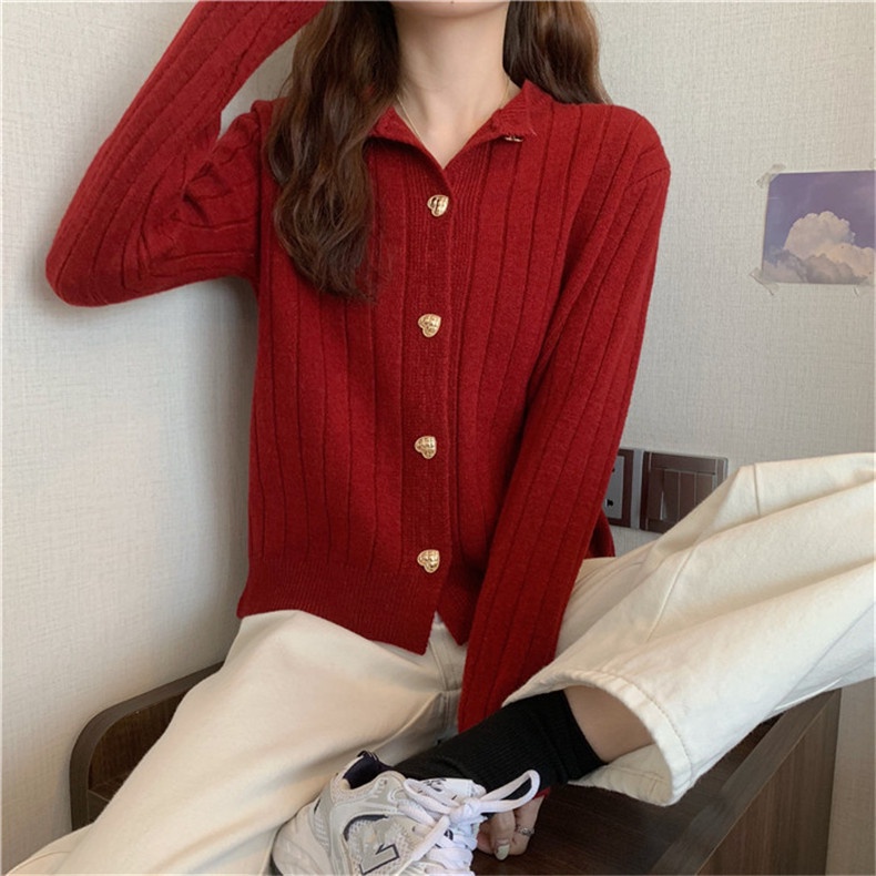 Áo len nữ hè thu 2021 gân dọc trắng đỏ chất lông cừu siêu mềm ATADO24