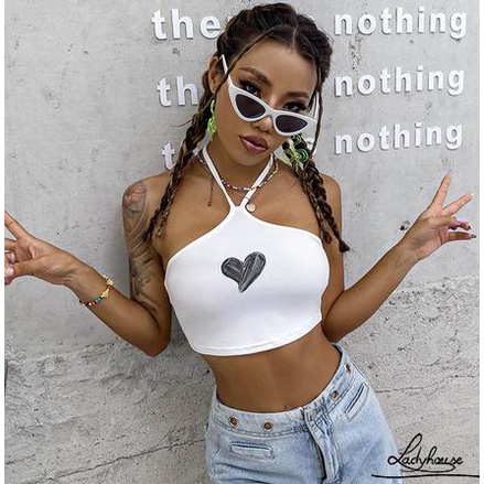 LDD-Women Fashion Tank Tops Heart Print Tie-Up Halter Vest Summer Casual Backless Exposed Navel Crop Tops