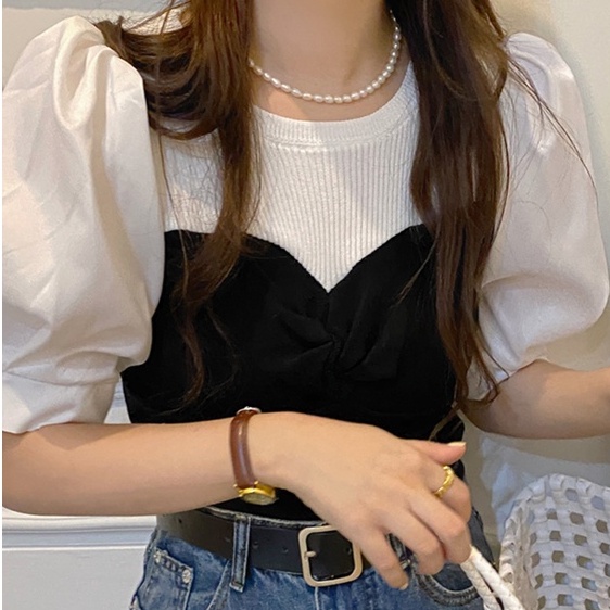 Áo thun ZHELIHANGFEI tay ngắn phồng giả hai lớp thời trang cho nữ