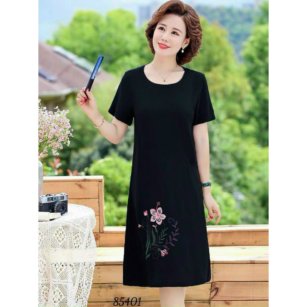 M/L/XL/2XL/3XL Đầm trung niên vải đũi thêu hoa nhiều màu có size đại màu đỏ, xanh , đen quảng châu