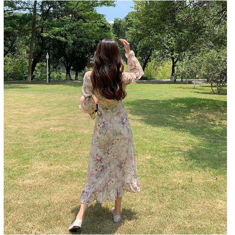 M136 - Váy voan hoa midi Ulzzang cổ V tay dáng dài viền bèo vintage phong cách cổ điển có Bigsize