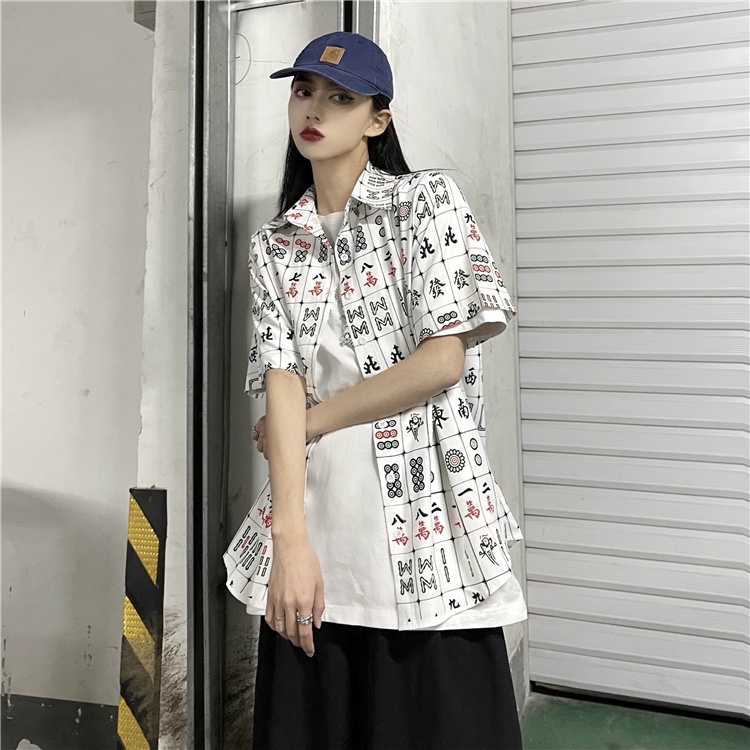 Áo Sơ Mi Tay Ngắn Dáng Rộng In Họa Tiết Mạt Chược Kiểu Trung Hoa Thời Trang Mùa Hè 2022 Cho Các Cặp Đôi