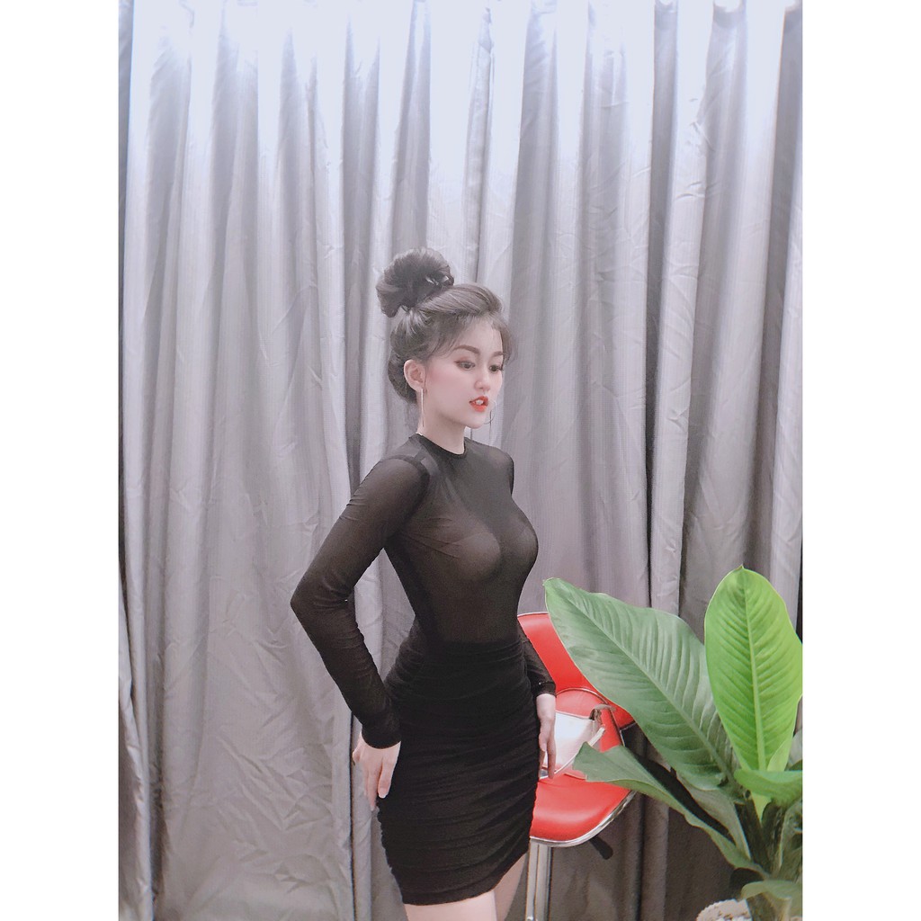 [Hình chụp thật] Đầm body ôm tay dài xuyên thấu sexy